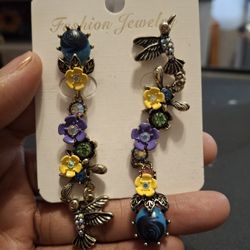 Mismatched Bird/flower Dangling Earrings 
