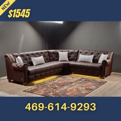 Brown Leather Sectional With Pillows 