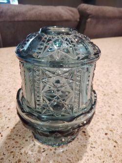 Vintage Colonial Blue Indiana Glass Stars & Bars Fairy Lamp 6.5”