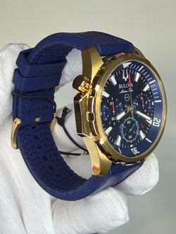 Bulova Men's 97B168 Blue Dial Rubber Strap New Chronograph Quartz Watch 43mm