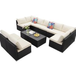 11 Pieces Patio Conversation Set, Rattan Sectional Patio Sofa, Outdoor Wicker Furniture Sets