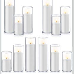 24 PCS White Pillar Candles with Glass Candle Holders Clear Hurricane Candle Holders Glass Cylinder Vases for Centerpieces Wedding Party, Event, Home 
