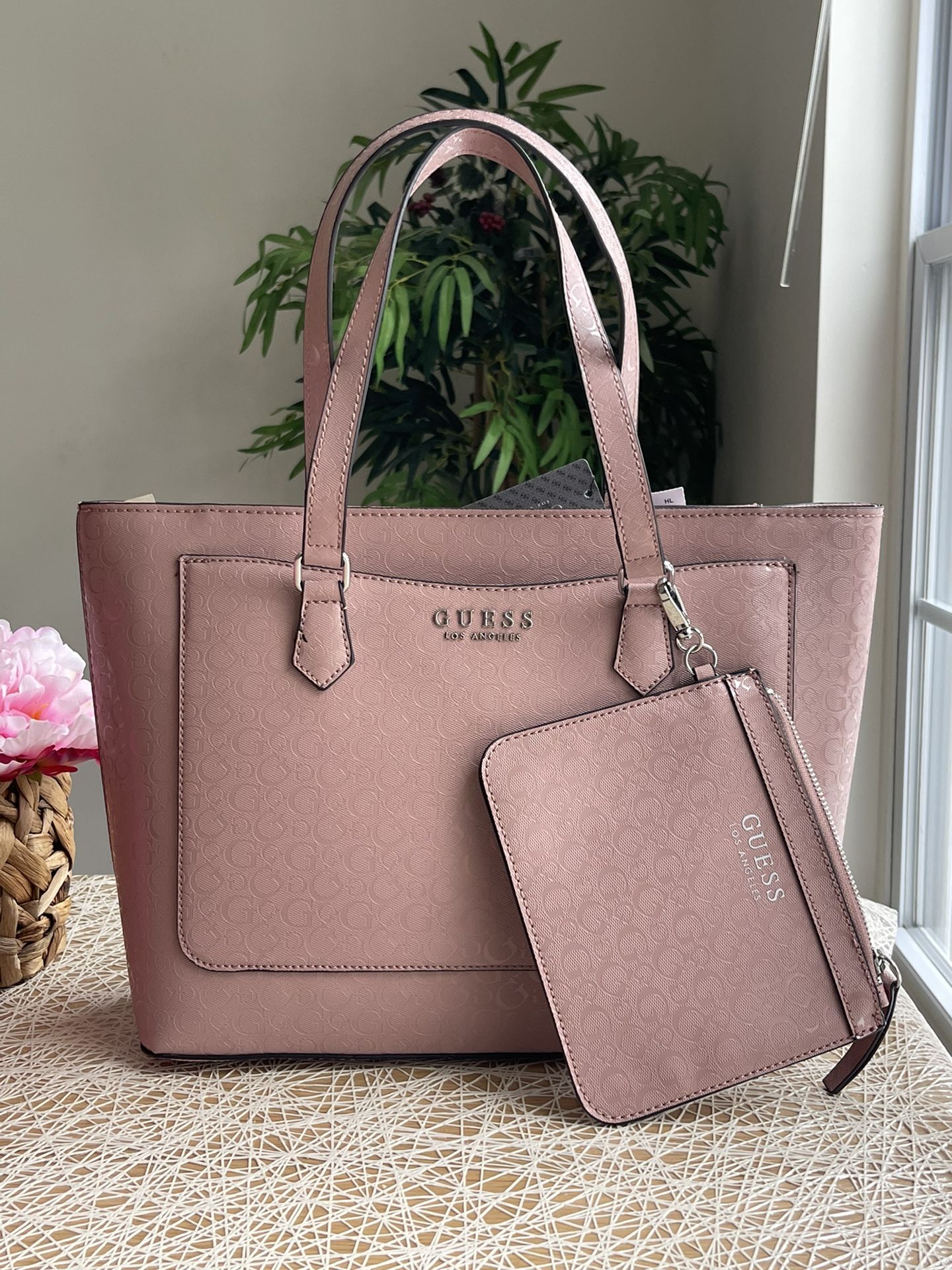 Guess Medford Large Shoulder Tote Bag W/Pouch Dusty Mauve Color Guess Logo NWT