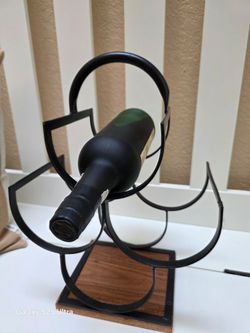 Black Metal Wine Bottle Holder with Wood Base
