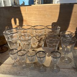 vintage silver rim laurel leaf etched stemware 
