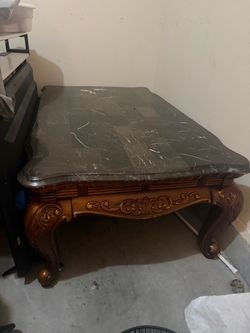 Marble Top Coffee Table with Carved Wood Base