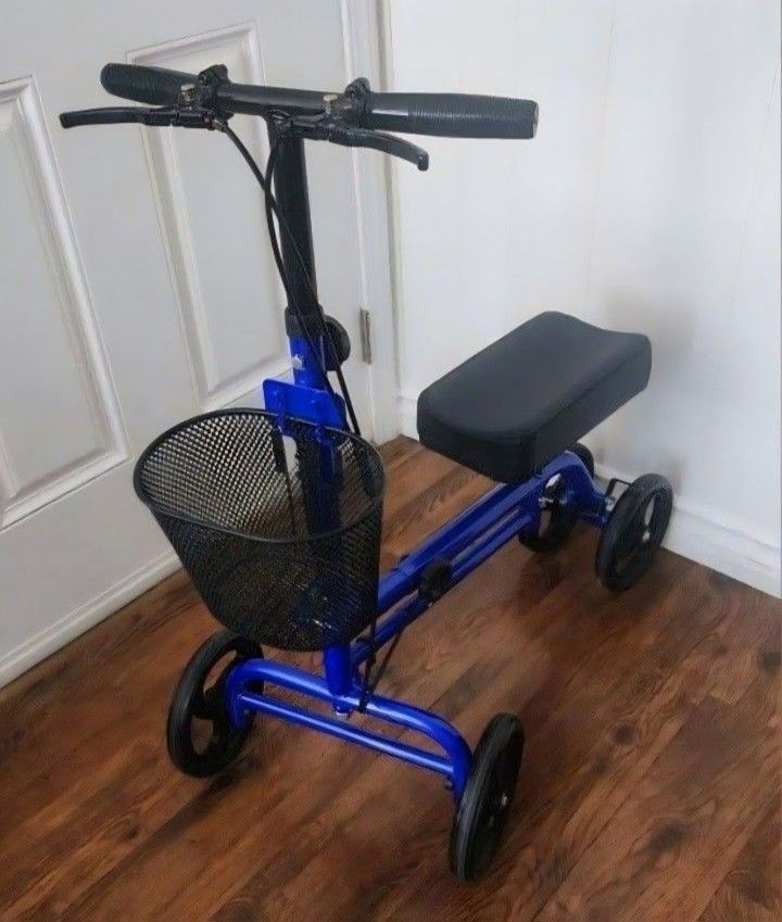KNEE SCOOTER/WALKER: BLUE FRAME, BASKET, DUAL BRAKES, FOLDABLE, ADJUSTABLE, EXCELLENT CONDITION!