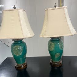 Pair of Vintage Lamps with Silk Shades By As You Like It Base is 7” x 29h Shade opening is 16 at bottom Smoke free household