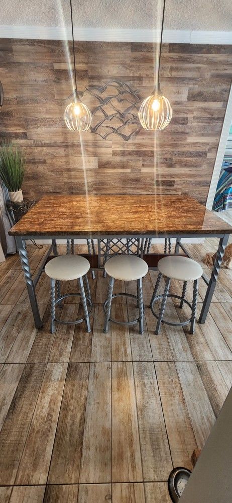 Dining Room Table And Stools Wood Gray Brown Faux Granite Marble Top