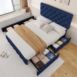 Blue Queen Size Storage Drawer Bed Frame