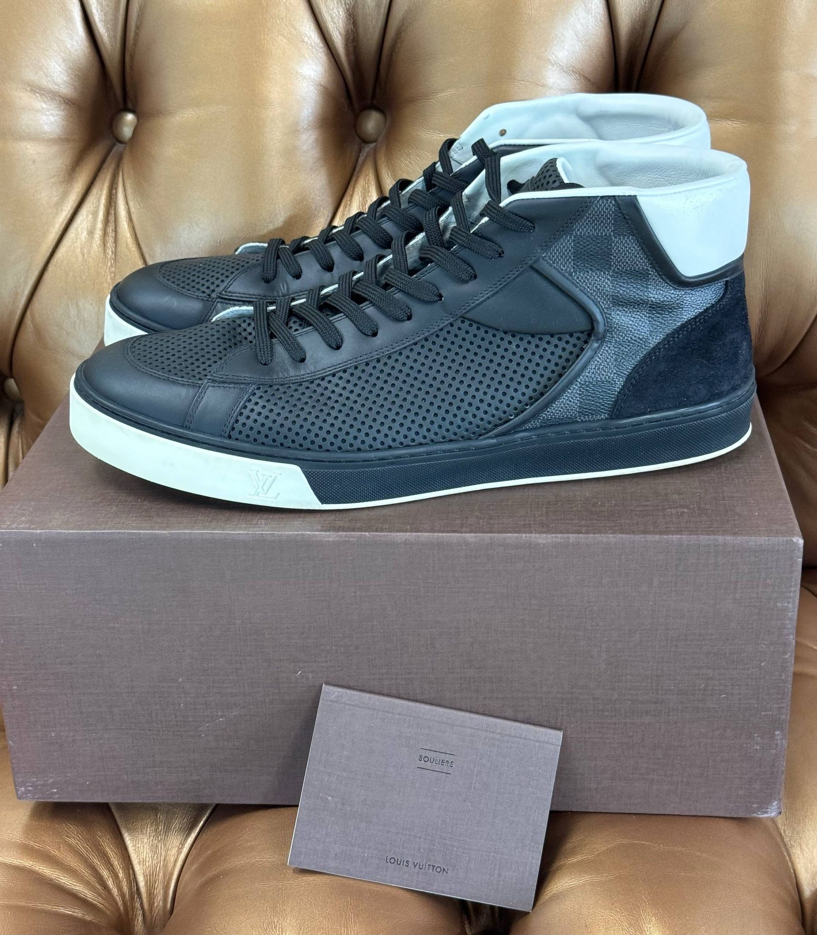 Louis Vuitton Black Damier Canvas and Leather Suede Back High Top Sneakers Size 11 Box Dust Bag