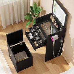 3-in-1 Vanity Desk with Flip Top LED Light Mirror and Glass Desktop, Small Makeup Vanity with 3 Drawers, Compact Dressing Table with Stool for Bedroom