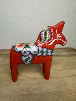 Nils Olsson 6" Hand Painted Red Dala Horse Sweden Wood Art with Label 