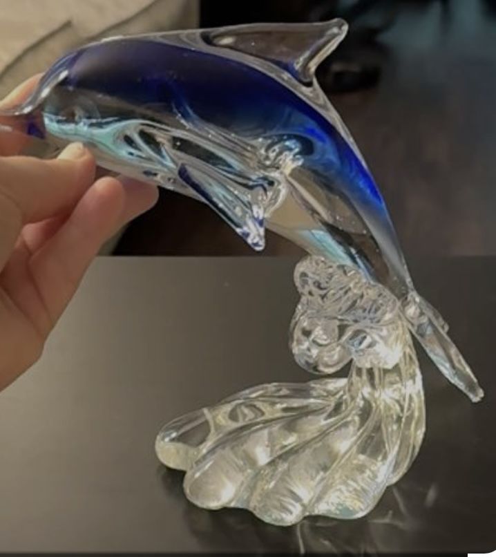 Large Murano-Style Art Glass Crystal Dolphin Sculpture Cobalt Blue Hand Blown