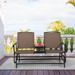 New Heavy Duty 2 Person Swing Glider Chair, Patio Rocking Loveseat w/Center Tempered Glass Table, Outdoor Swing Bench w/Steel Frame & Breathable Mesh 
