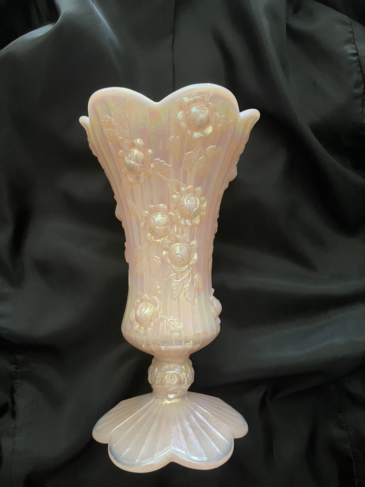 Fenton Cabbage Rose Pink Footed Vase MINT