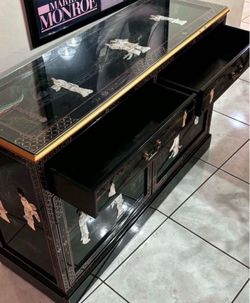 Vintage Oriental Black Lacquer Buffet Inlaid with Mother of Pearl With Glass Top-48”Lx17”Wx32”H 2 Available