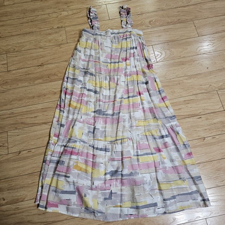 Anthropologie Moon River Striped Sleeveless Ruffle Midi Dress with Lining White Pink Grey Yellow Size Small