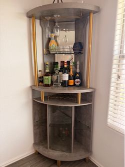 Corner Bar Cabinet with Glass Shelves & Wine Storage