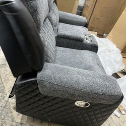 Clearance Sale Grey Fabric Plus Leather Recliner Sofa 