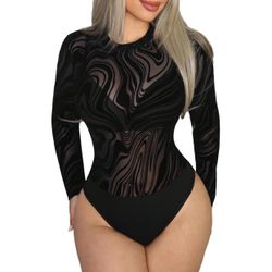 Marble Print Mesh Long Sleeve Bodysuit 