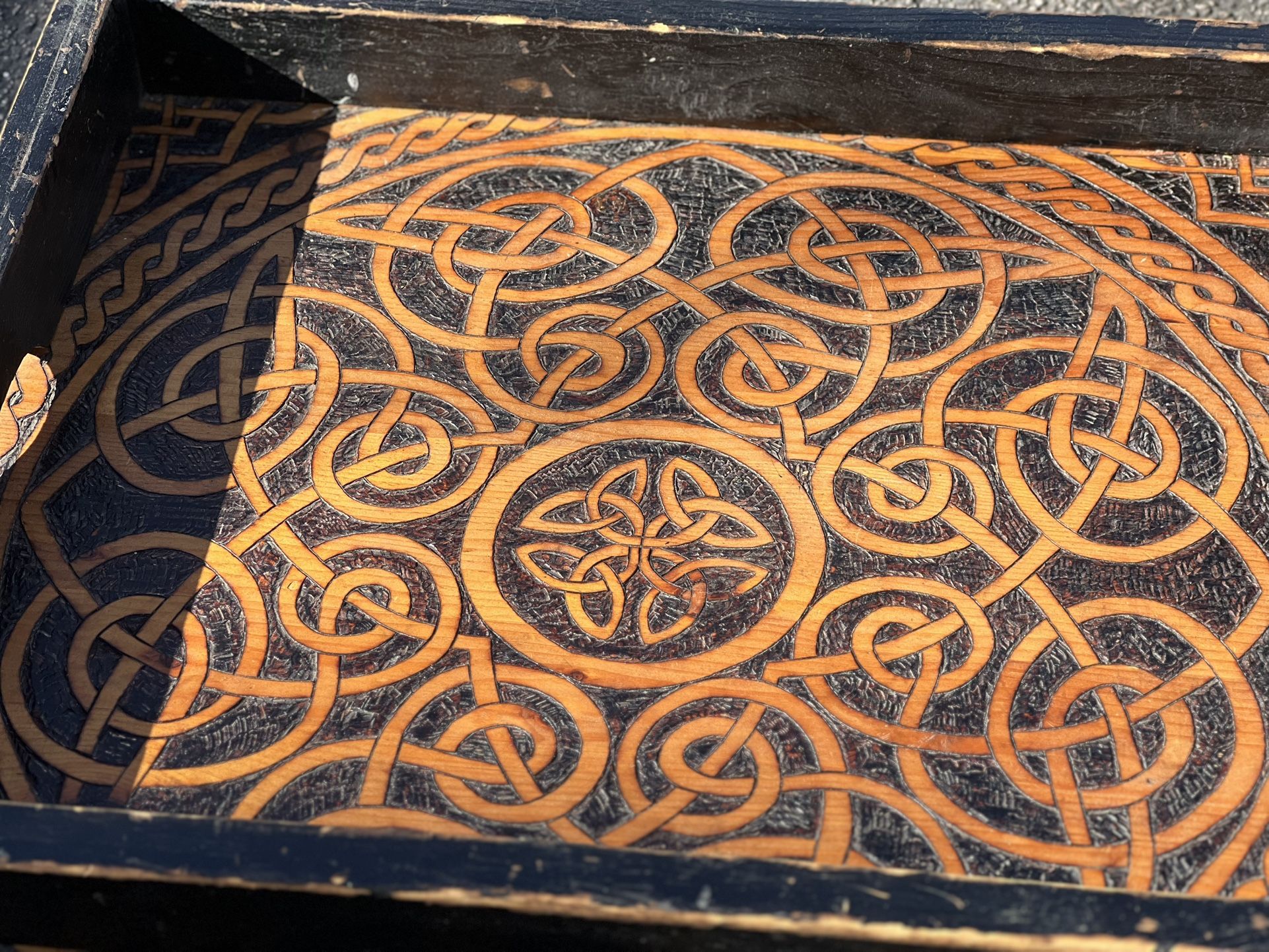 Gorgeous small woodburned top featuring Celtic knots coffee table , tea table