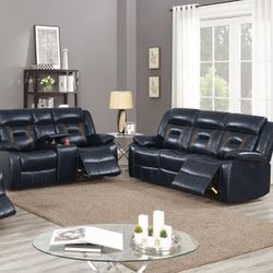 Brand New Ink Blue Leather Gel Power Reclining 80: Sofa + 73" Loveseat With Cup Holders 2PCs Set