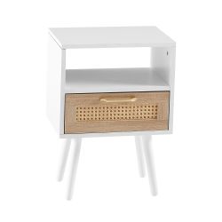 15.75 Rattan End table with drawer and solid wood legs, Modern nightstand, side table for living room, bedroom, white