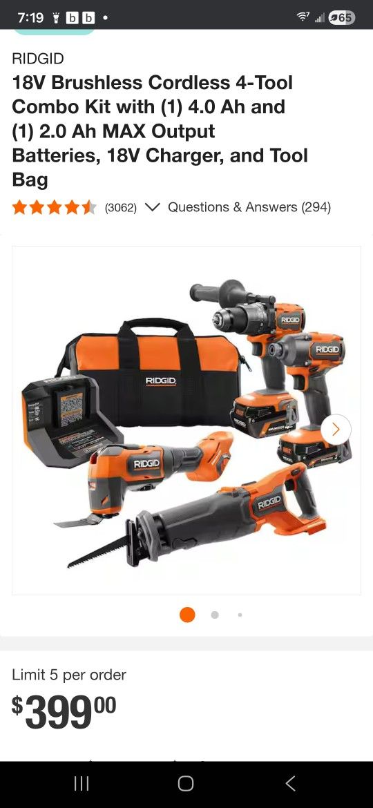 Brand New. RIDGID 18V TOOL COMBO KIT