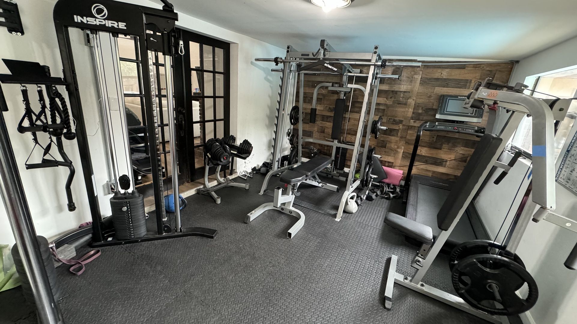 Complete Home Gym - Smith, Cable Cross, Dumbbells, Barbell, Olympic Plates, Chest Fly, Treadmill 