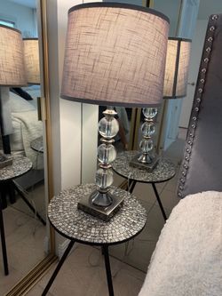 Crystal Ball Table Lamp with Gray Shade and side table