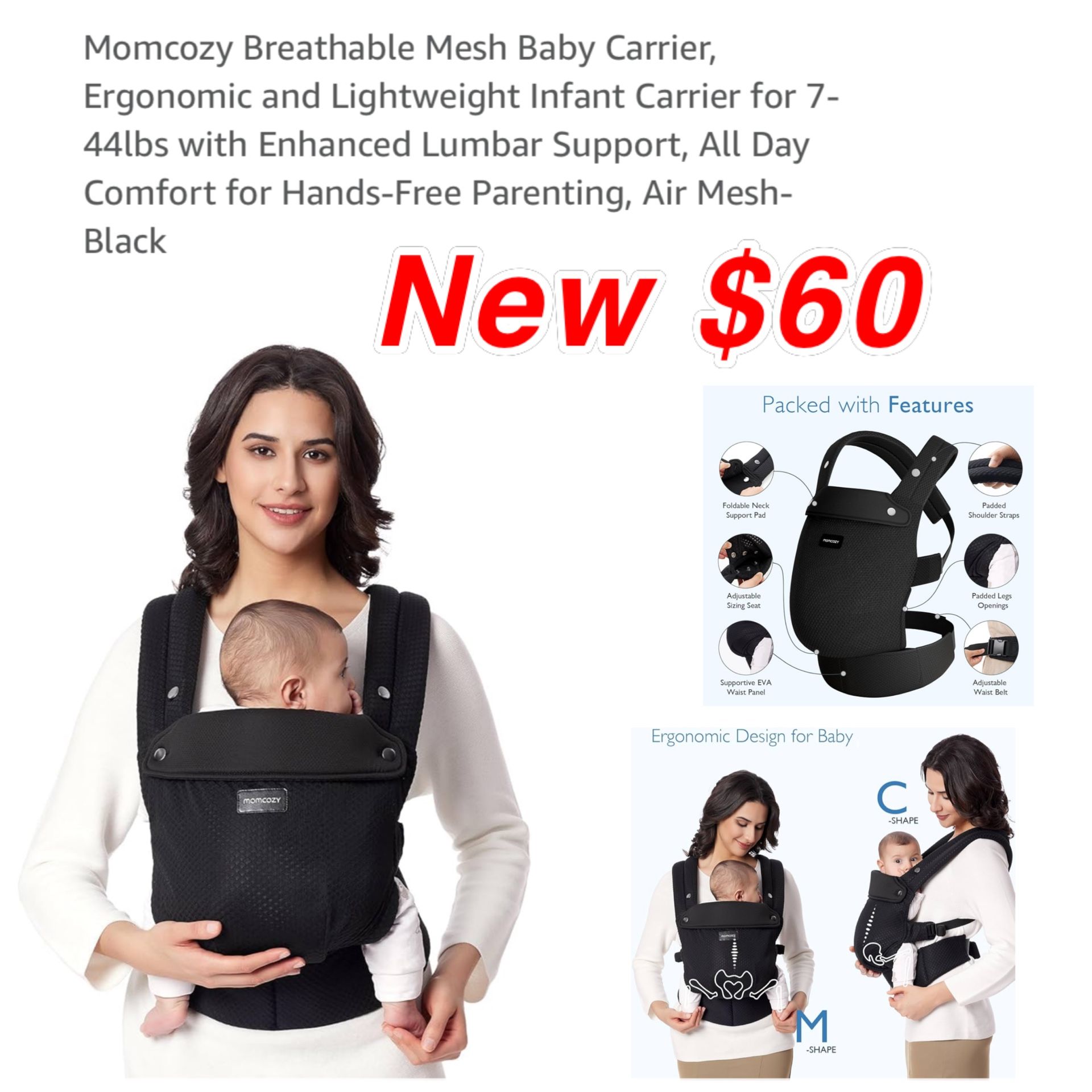 New Momcozy Breathable Mesh Baby Carrier Ergonomic and Lightweight Infant Carrier for 7 44lbs with Enhanced Lumbar Support All Day Comfort $60