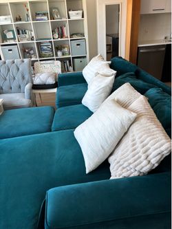 Living Spaces Teal Couch Sofa Sectional Velvet