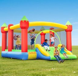Hapfan 500lbs Big Bounce House with Blower and Slide, 5-6 Kids Inflatable Jumper, Including Repair Patches Kit, Basketball Hoop, Dart Target, Storage 