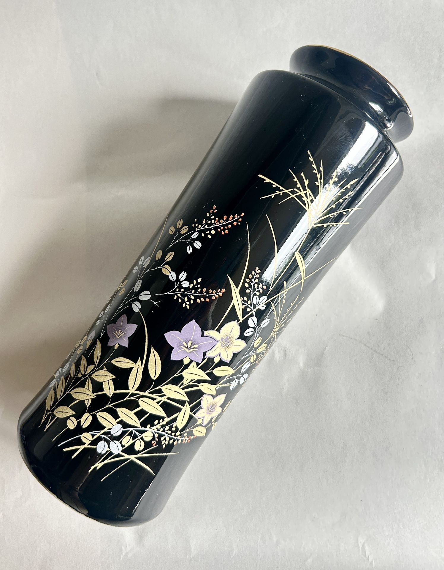 Vintage Japanese Black Vase With Purple And Gold Flowers