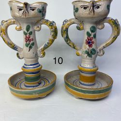 Set (2) Gorgeous Vintage Sicilian South Italian Pair of Maiolica Pottery Twin Handled Candlesticks of different workmanship, decorated with polychrome
