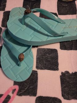 Kurt Geiger Teal Flip Flops with Gold Eagle Detail