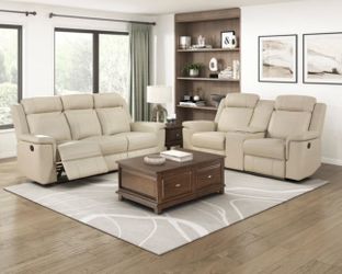 Beige leather fully reclining couch and love seat