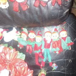 Vintage Christmas Ornaments Featuring 6 Felt Knee Hugger Elfs Made In Japan