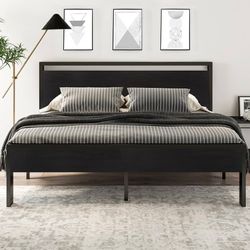 King Size Metal Platform Bed Frame with Wooden Headboard and Footboard, Mattress Foundation, No Box Spring Needed, Large Under Bed Storage,Black Oak