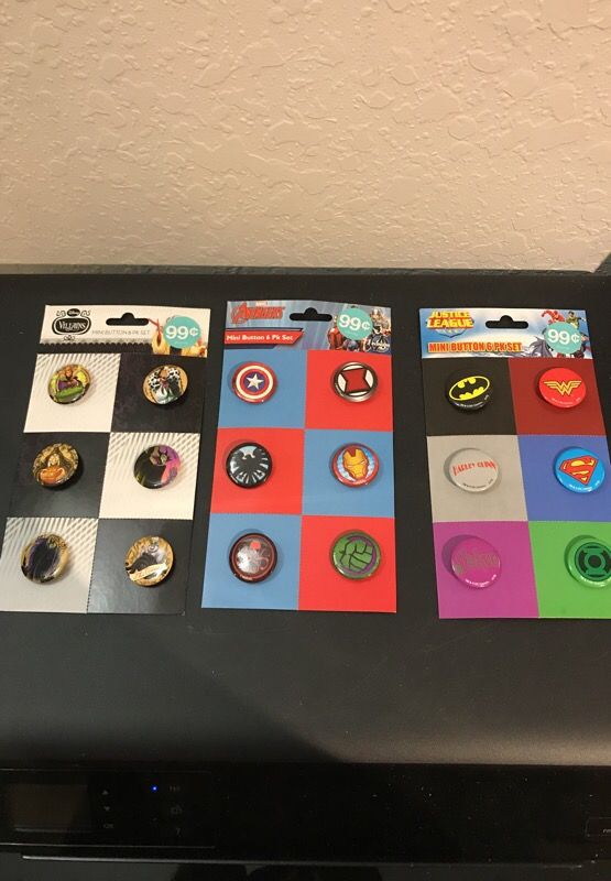 Three sets of mini buttons Disney Marvel DC