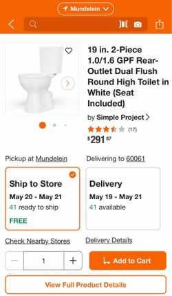Simple Project 19 in. 2-Piece 1.0/1.6 GPF Rear-Outlet Dual Flush Round High Toilet in White (Seat Included)
