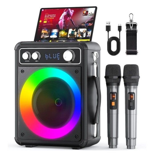 Karaoke Machine Portable Bluetooth Speaker with 2 Wireless Microphones PA System with LED Lights Retails $107