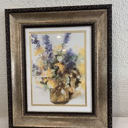 Beautiful print of famous water color painting of floral bouquet, bouquet of yellow and purple  Print of bouquet of flowers in a beautiful vase in a a