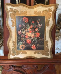 VTG Florentine Italy Gold Gilded Wood Wall Floral Art Picture 15.5”X13.5”