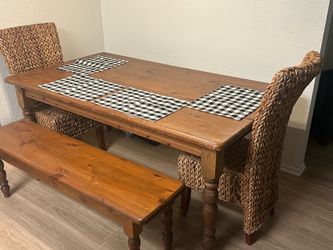 Z Gallerie Farmhouse Style Kitchen Table matching bench and two Rattan chairs from Nordstrom