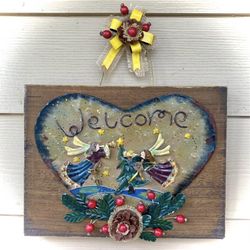 Trumpet Angels Wood Plaque & Tin Old Fashioned Christmas Wall Decor