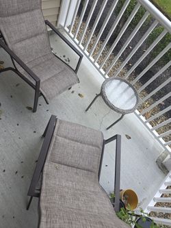 2 Patio Sling Lounge Chairs + Wicker Side Table