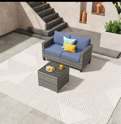 New in box ovios 2 pieces Patio Furniture Set, Outdoor Wicker Rattan Sofa Couch with Loveseat and Glass Coffee Table, Conversation Sets for Yard Porch