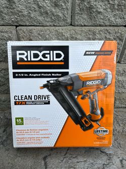 RIDGID Pneumatic 15-Gauge 2-1/2 in. Angled Finish Nailer with CLEAN DRIVE Technology, and Tool Bag $199+ tax at Home Depot